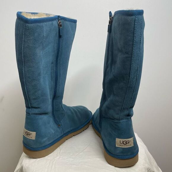 UGG Classic Tall 5235 Leather Sheepskin Winter Boots Sunset Turquoise Blue Zip 8 - Picture 6 of 11